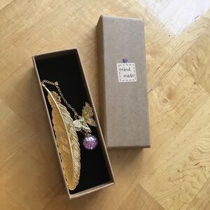Gold Metal Feather Bookmark with 3D Butterfly, Pink Flower Glass Ball Charm